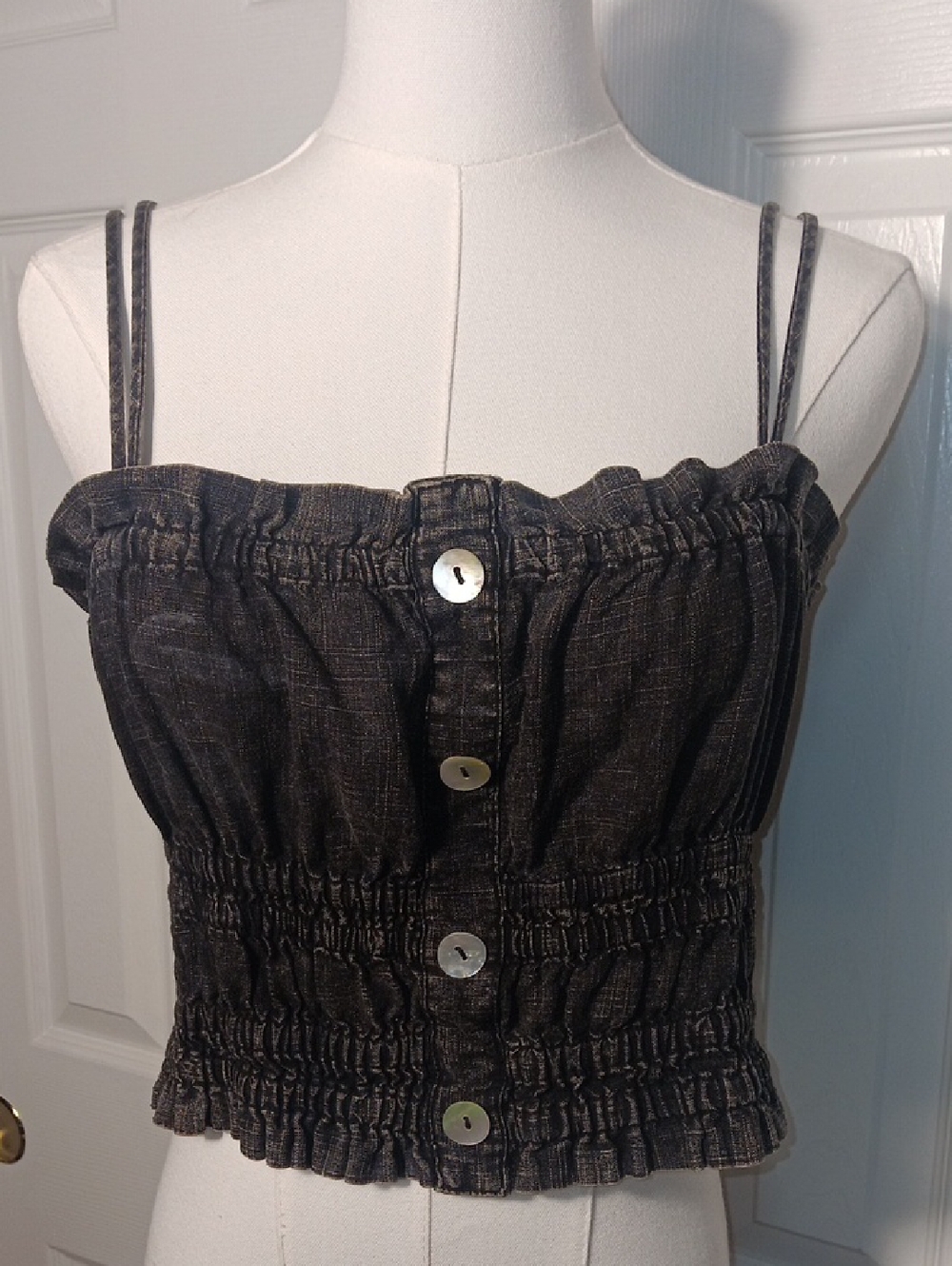 Black Smocked Button-Front Spaghetti-Strap Camisole